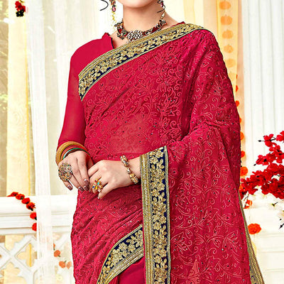 Fantastic Pink Colored Partywear Embroidered Georgette Saree