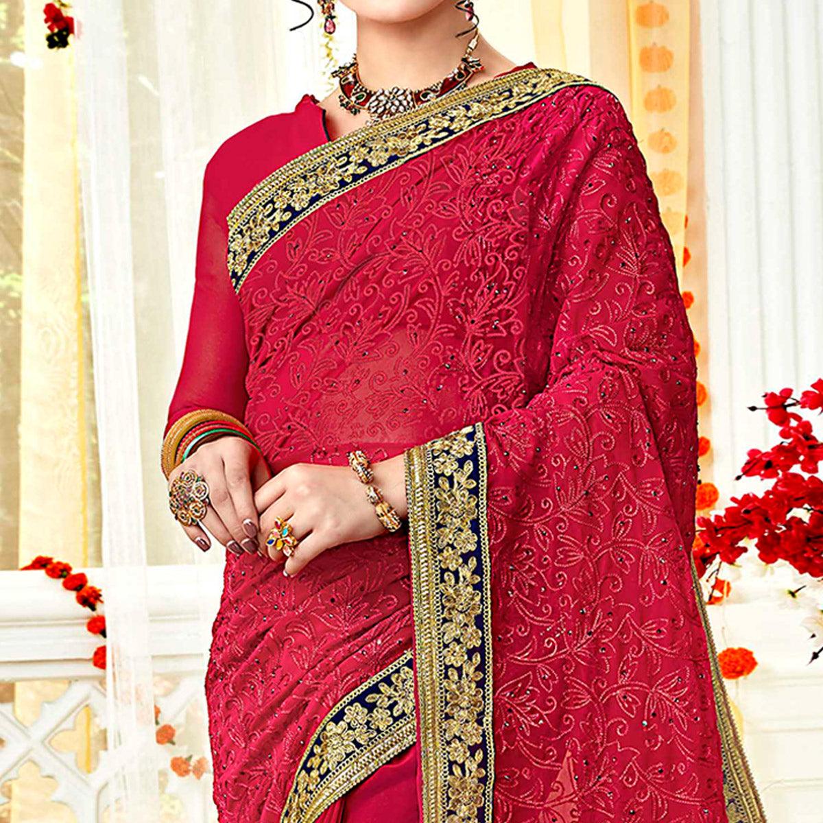 Fantastic Pink Colored Partywear Embroidered Georgette Saree