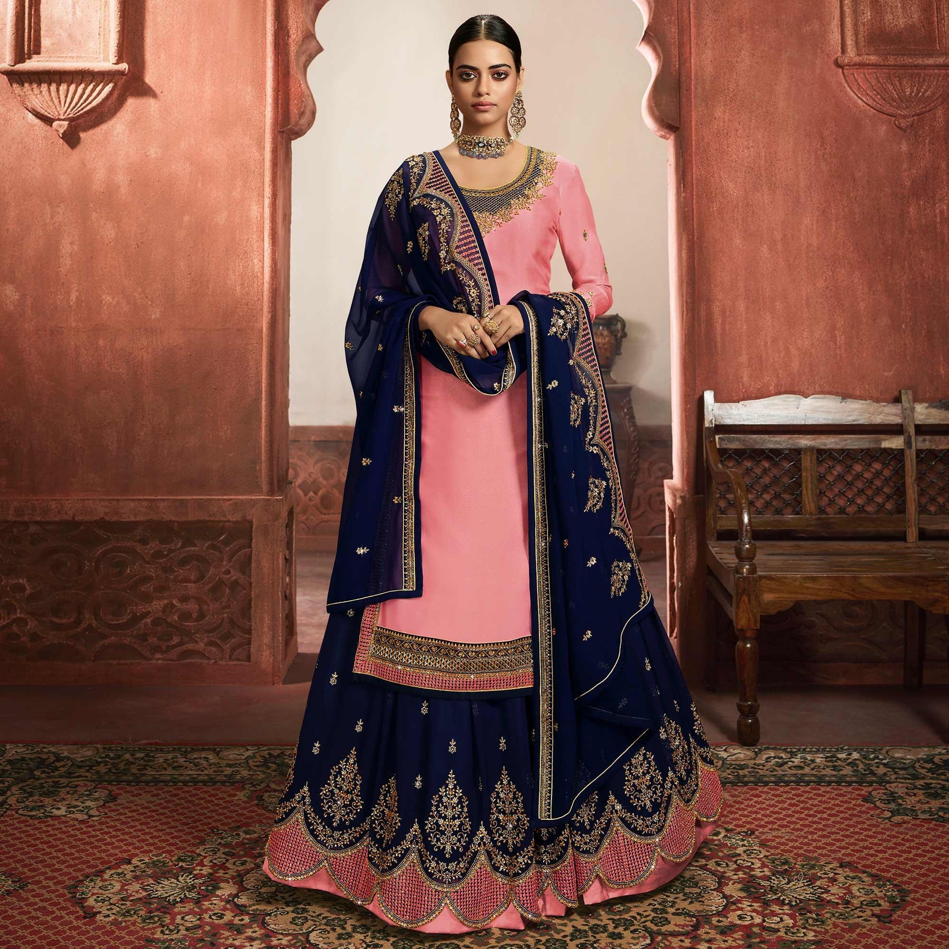 Fantastic Pink Coloured Partywear Embroidered Georgette Satin Sharara Style Salwar Suit