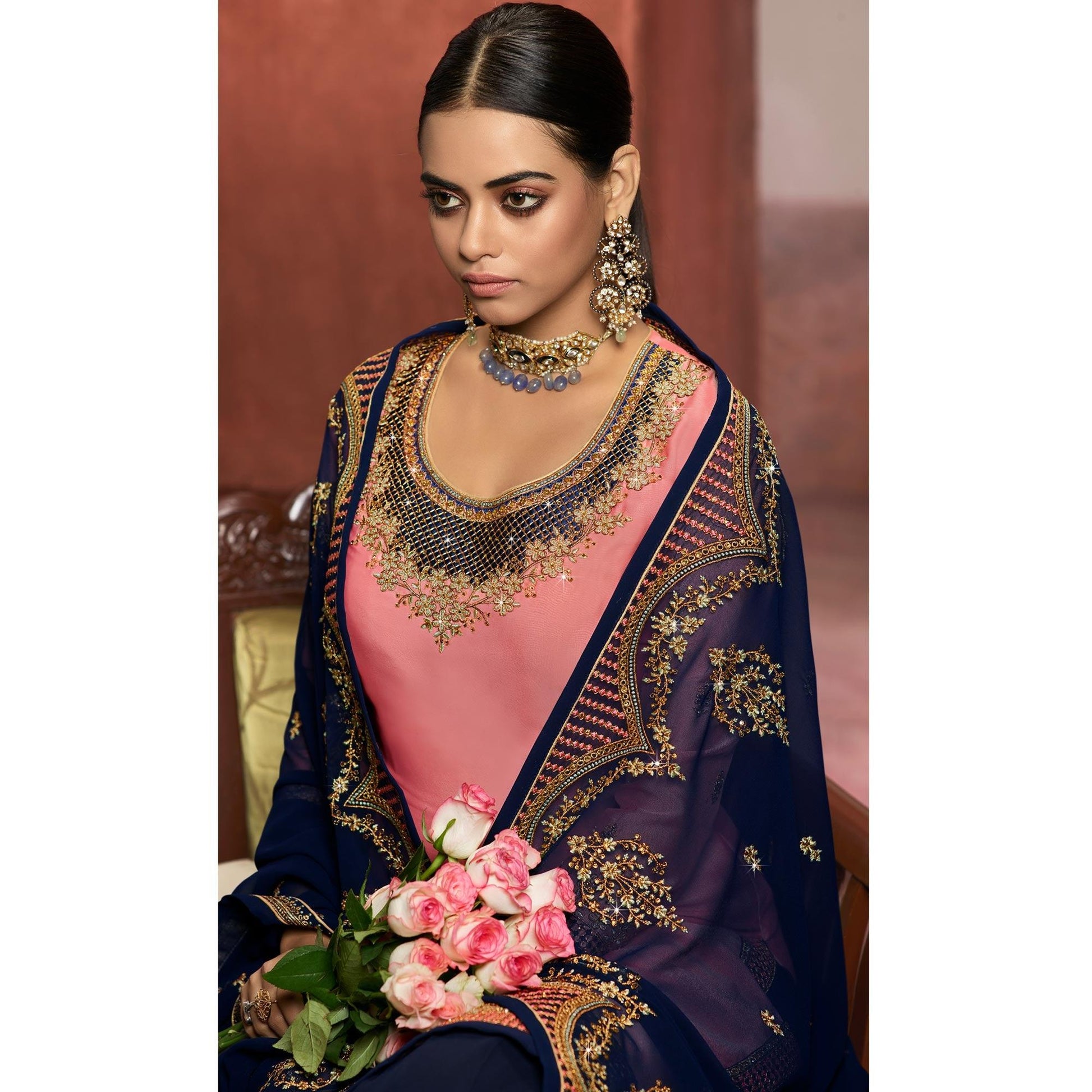 Fantastic Pink Coloured Partywear Embroidered Georgette Satin Sharara Style Salwar Suit
