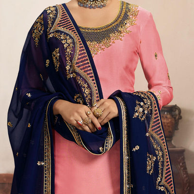 Fantastic Pink Coloured Partywear Embroidered Georgette Satin Sharara Style Salwar Suit