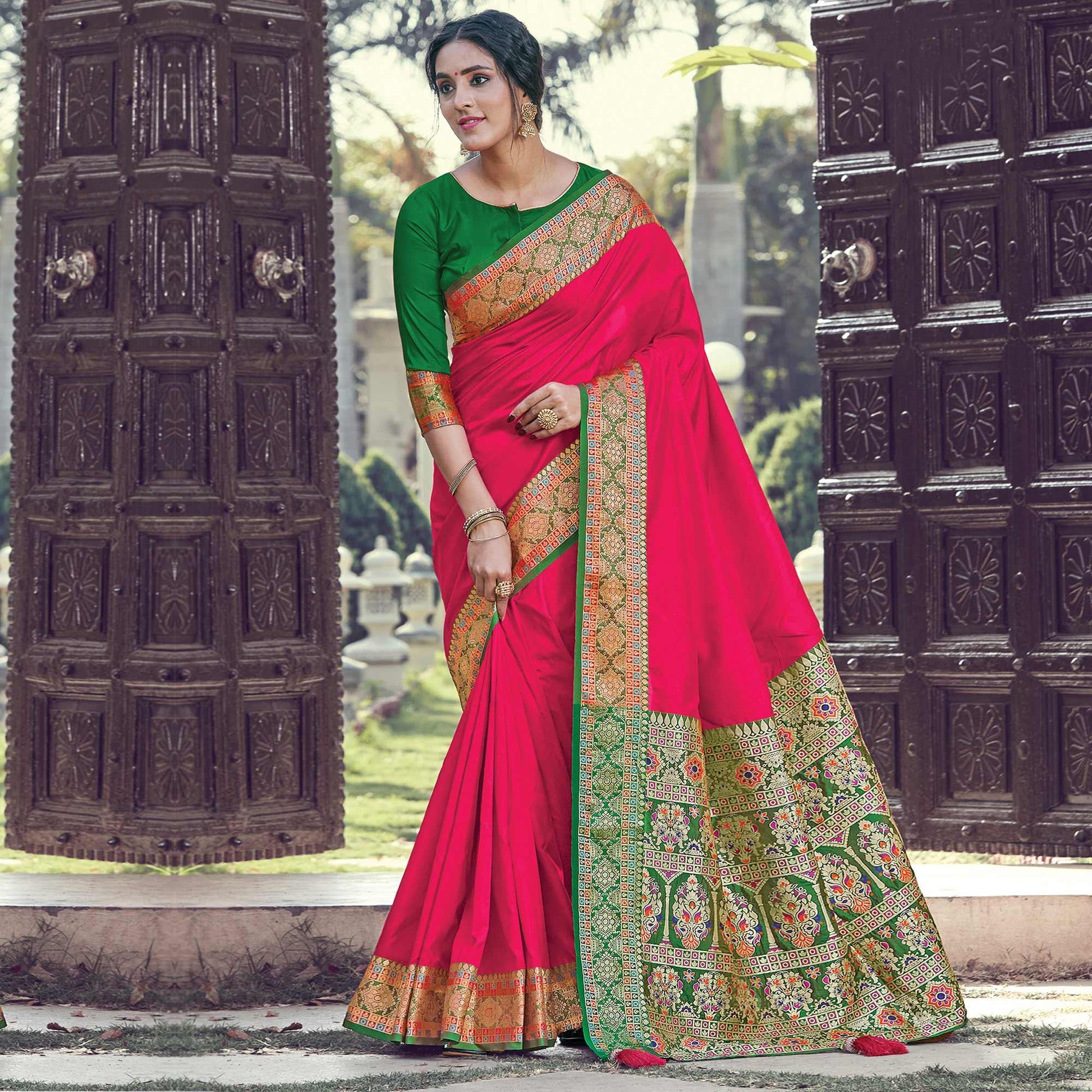 Fantastic Pink Coloured Partywear Woven Silk Saree