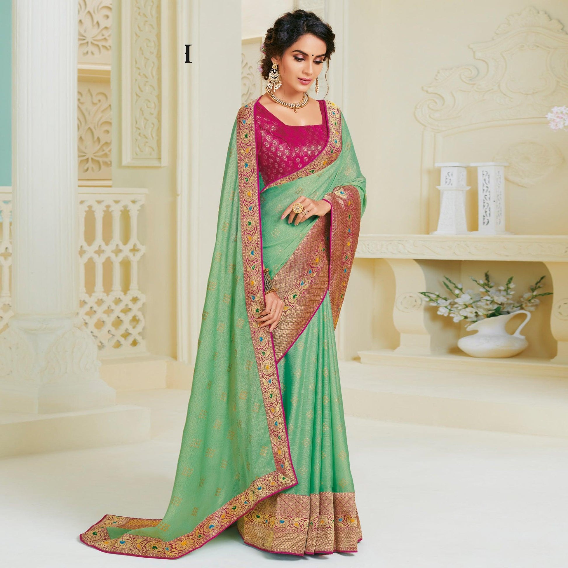 Fantastic Rama Green Colored Partywear Foil Work Chiffon Saree
