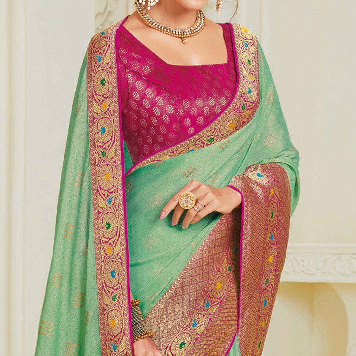 Fantastic Rama Green Colored Partywear Foil Work Chiffon Saree