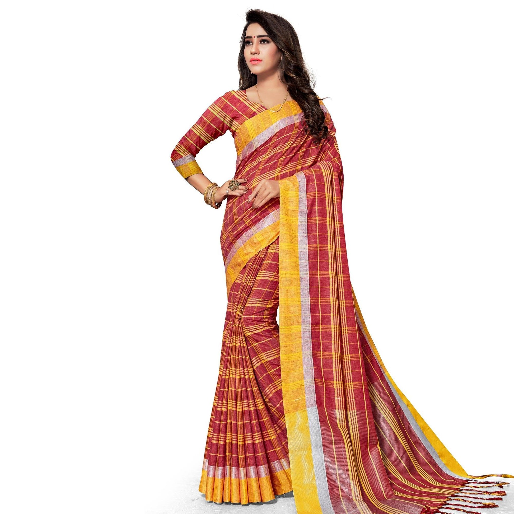 Fantastic Red Colored Fesive Wear Stripe Print Cotton Silk Saree With Tassels