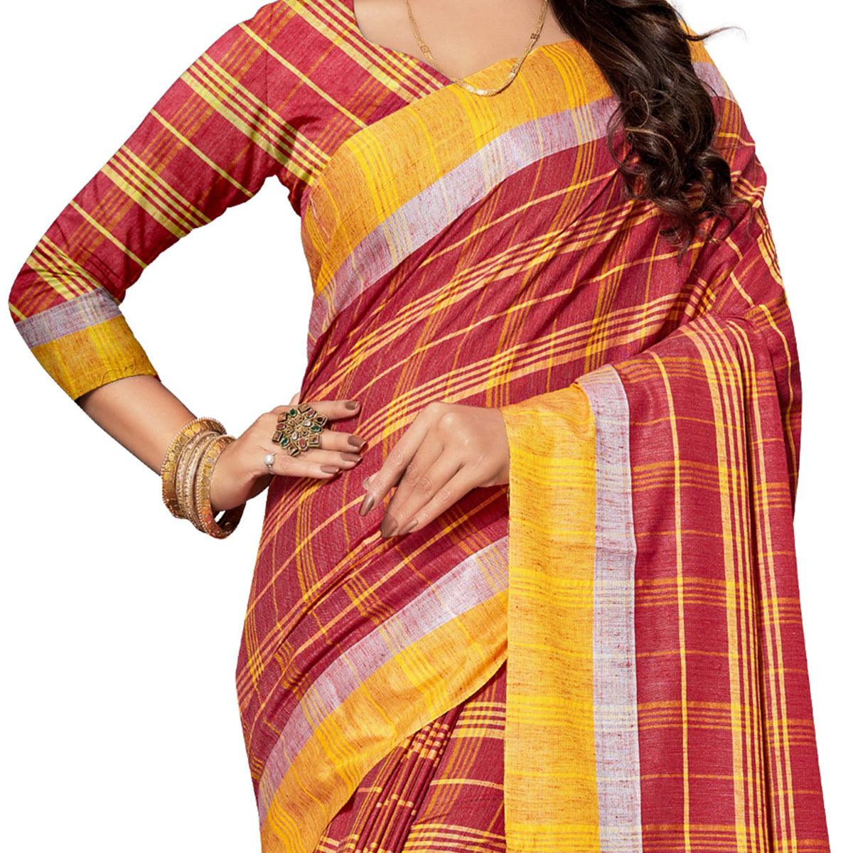Fantastic Red Colored Fesive Wear Stripe Print Cotton Silk Saree With Tassels