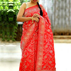 Fantastic Red Colored Festive Wear Woven Jacquard Silk Saree