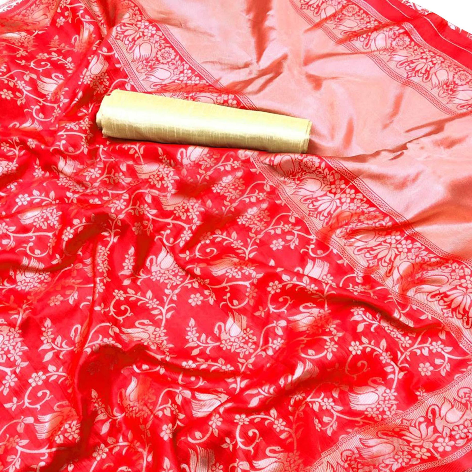 Fantastic Red Colored Festive Wear Woven Jacquard Silk Saree