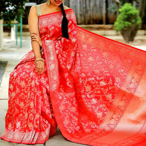 Fantastic Red Colored Festive Wear Woven Jacquard Silk Saree