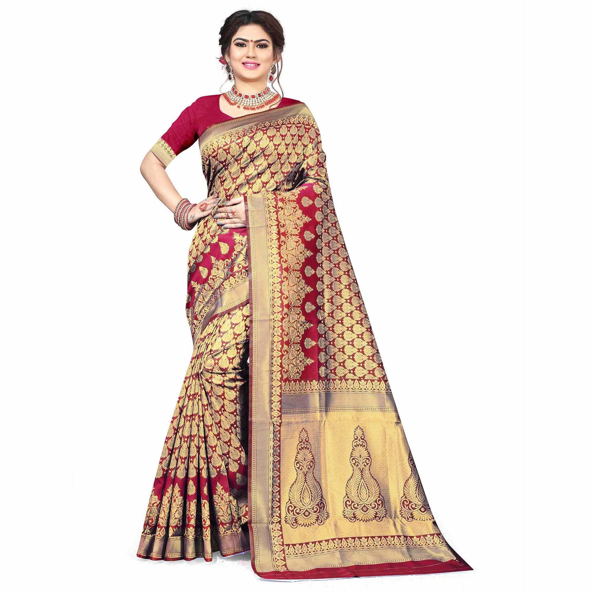 Fantastic Red Colored Festive Wear Woven Silk Saree