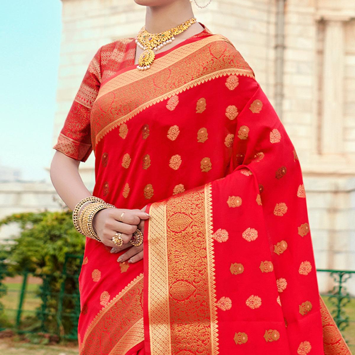 Fantastic Red Colored Festive Wear Woven Silk Saree