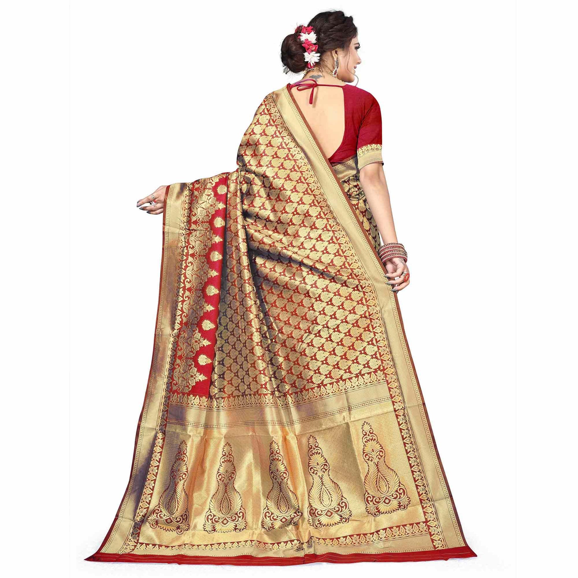 Fantastic Red Colored Festive Wear Woven Silk Saree