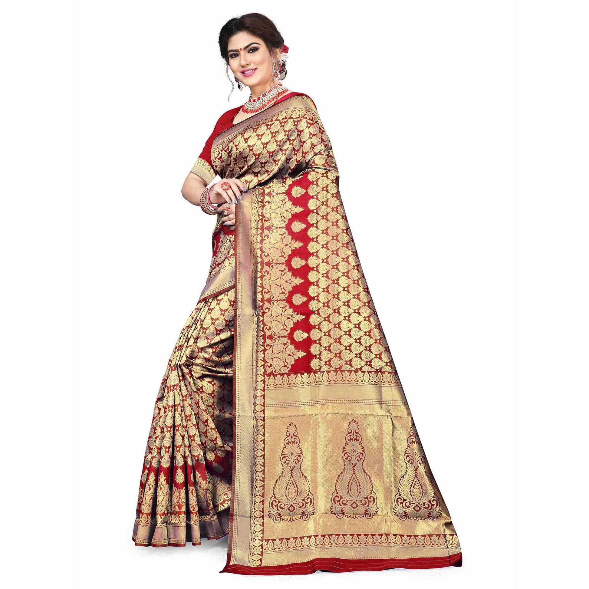 Fantastic Red Colored Festive Wear Woven Silk Saree