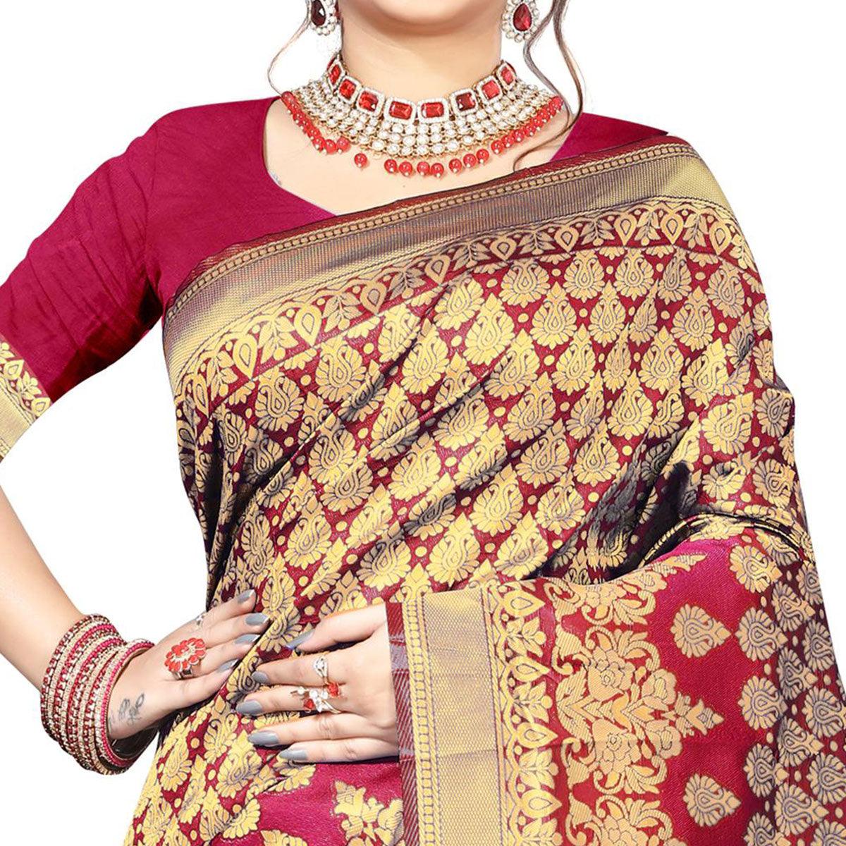 Fantastic Red Colored Festive Wear Woven Silk Saree