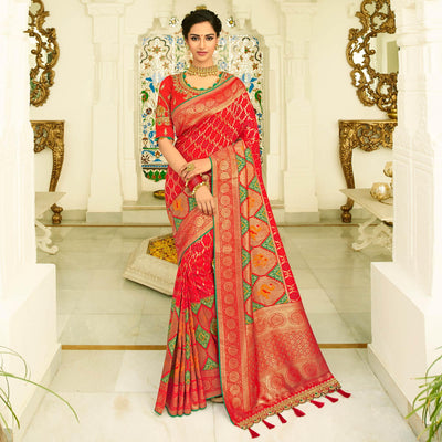 Fantastic Red Colored Festive Wear Woven Silk Saree With Tassels