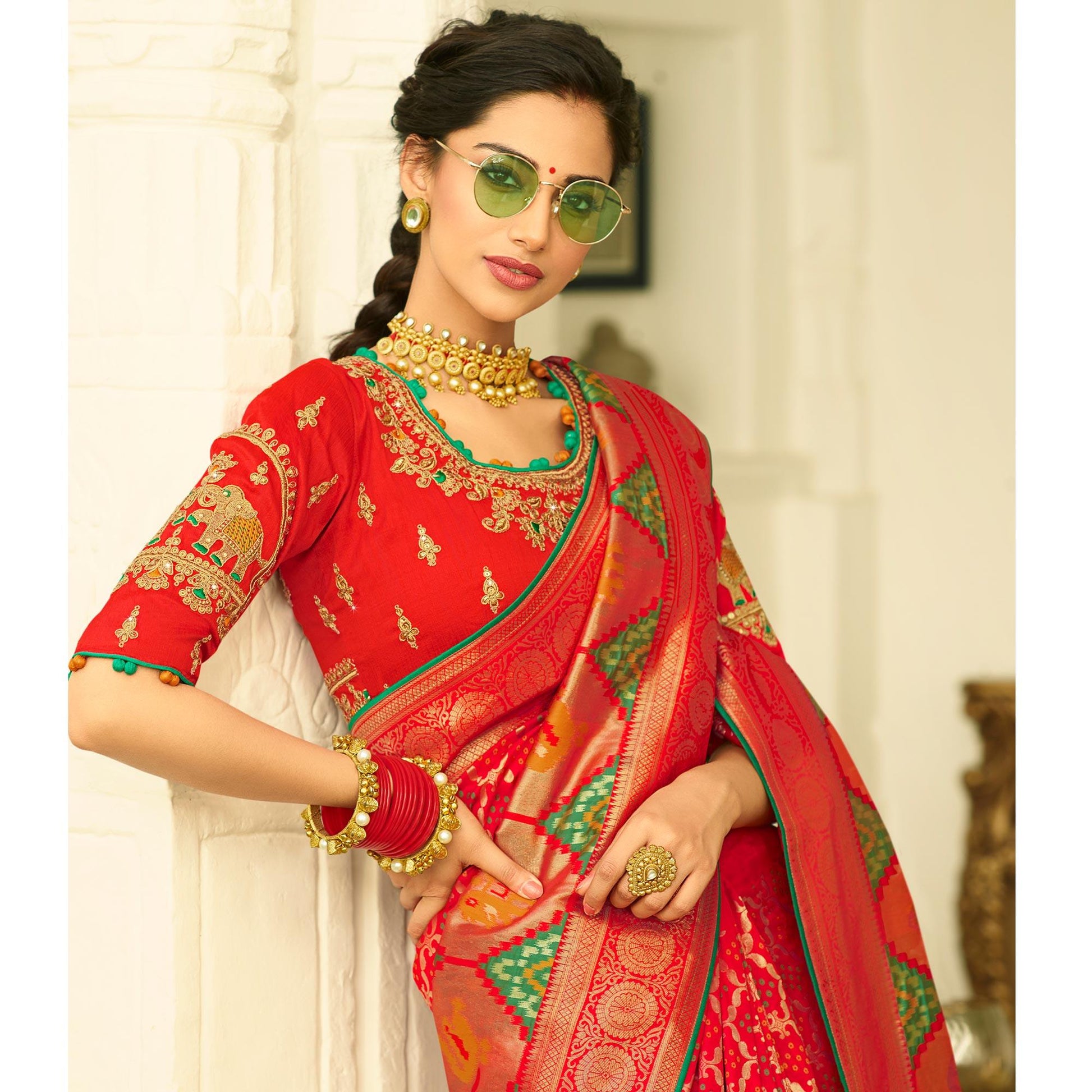 Fantastic Red Colored Festive Wear Woven Silk Saree With Tassels