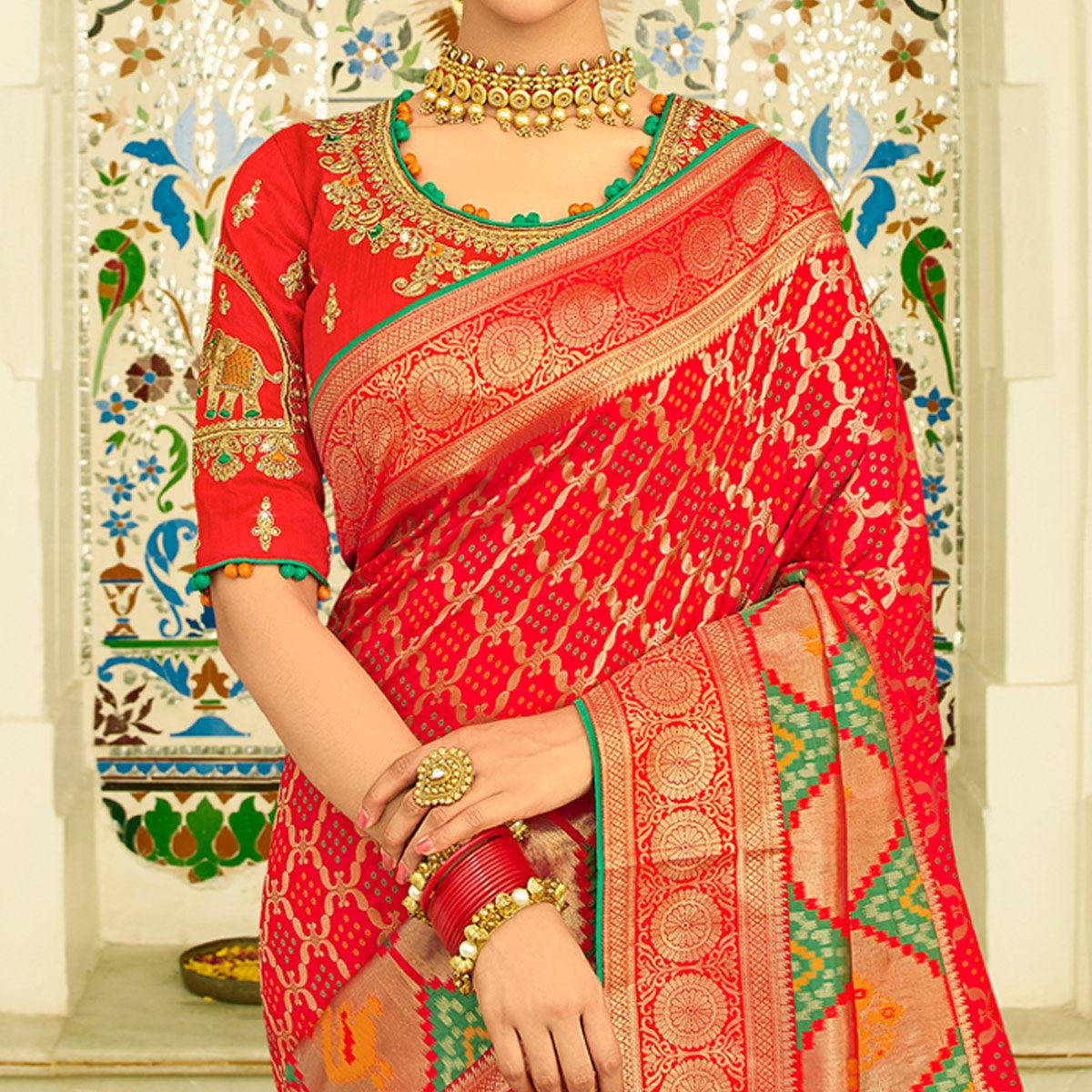 Fantastic Red Colored Festive Wear Woven Silk Saree With Tassels