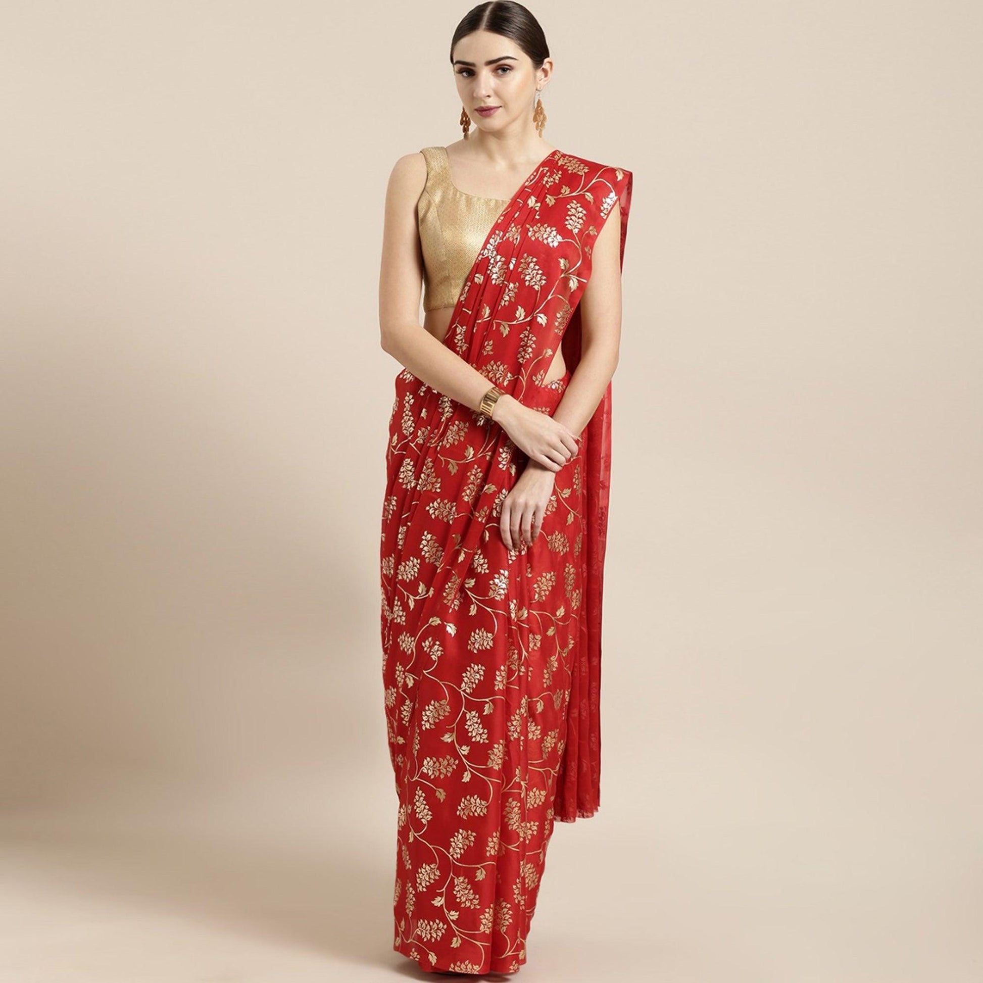 Fantastic Red Colored Partywear Foil Printed Georgette Saree