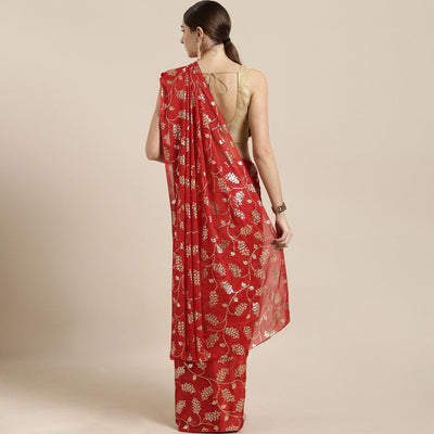 Fantastic Red Colored Partywear Foil Printed Georgette Saree