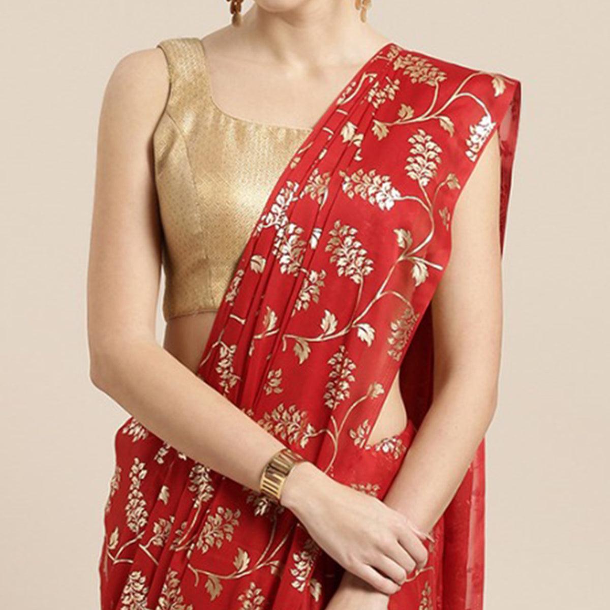 Fantastic Red Colored Partywear Foil Printed Georgette Saree