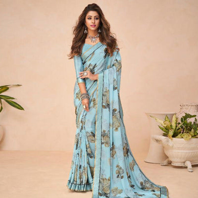 Fantastic Sky Blue Coloured Casual Wear Printed Crepe Saree