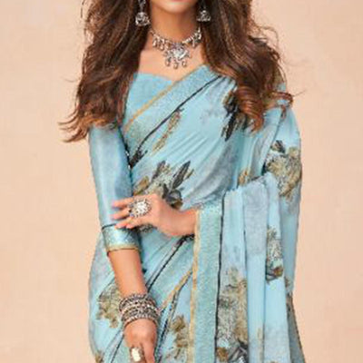 Fantastic Sky Blue Coloured Casual Wear Printed Crepe Saree