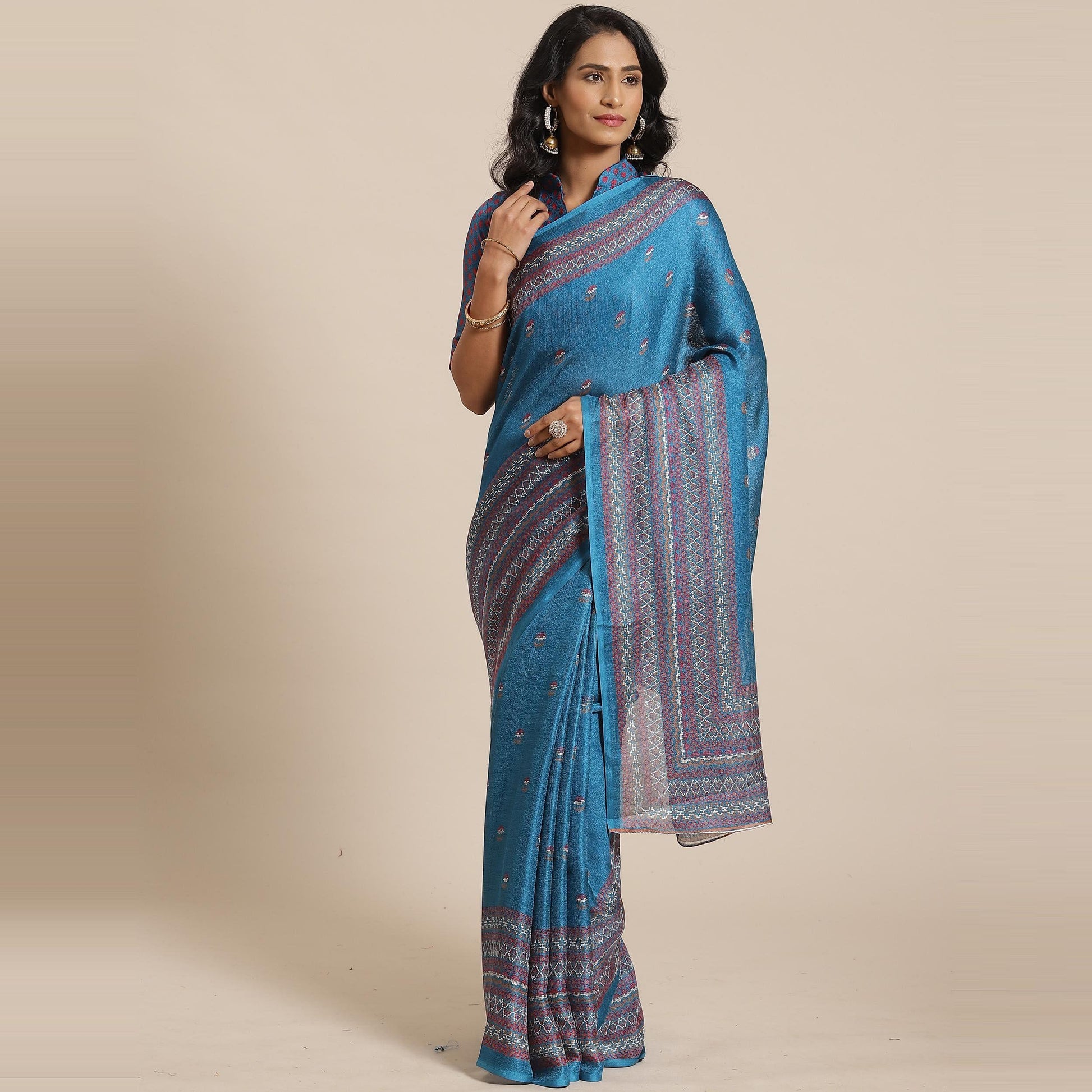 Fantastic Teal Blue Colored Casual Wear Printed Jute Silk Saree