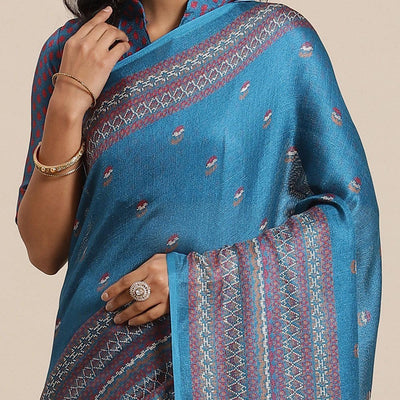 Fantastic Teal Blue Colored Casual Wear Printed Jute Silk Saree