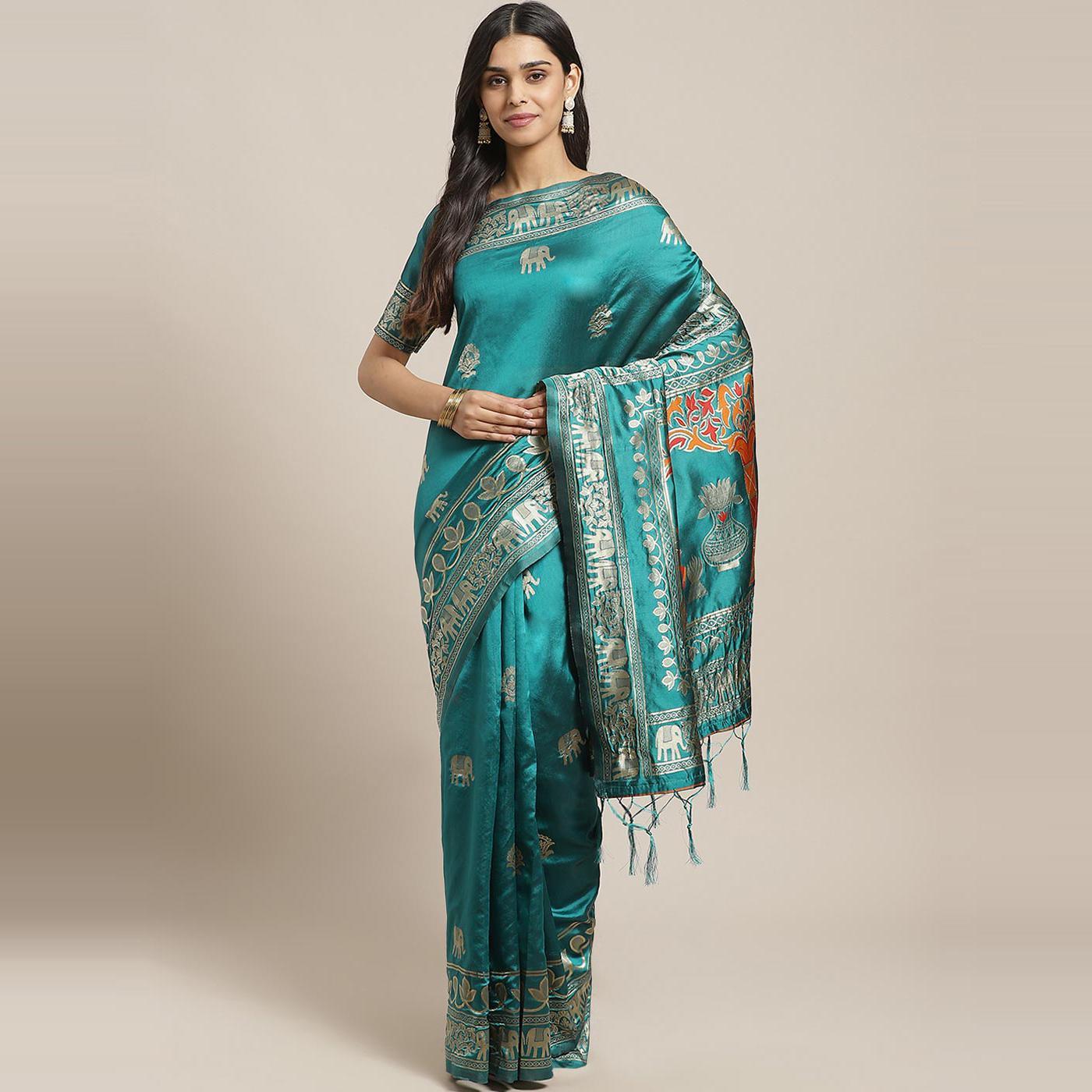 Fantastic Teal Green Colored Festive Wear Woven Silk Blend Saree