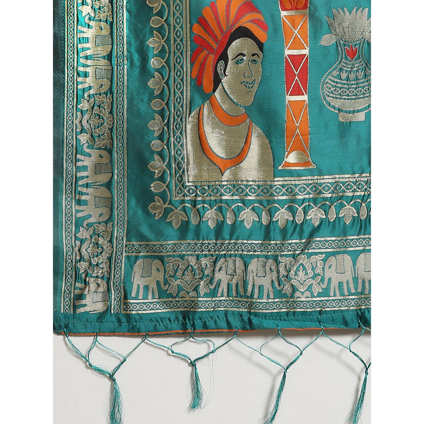 Fantastic Teal Green Colored Festive Wear Woven Silk Blend Saree