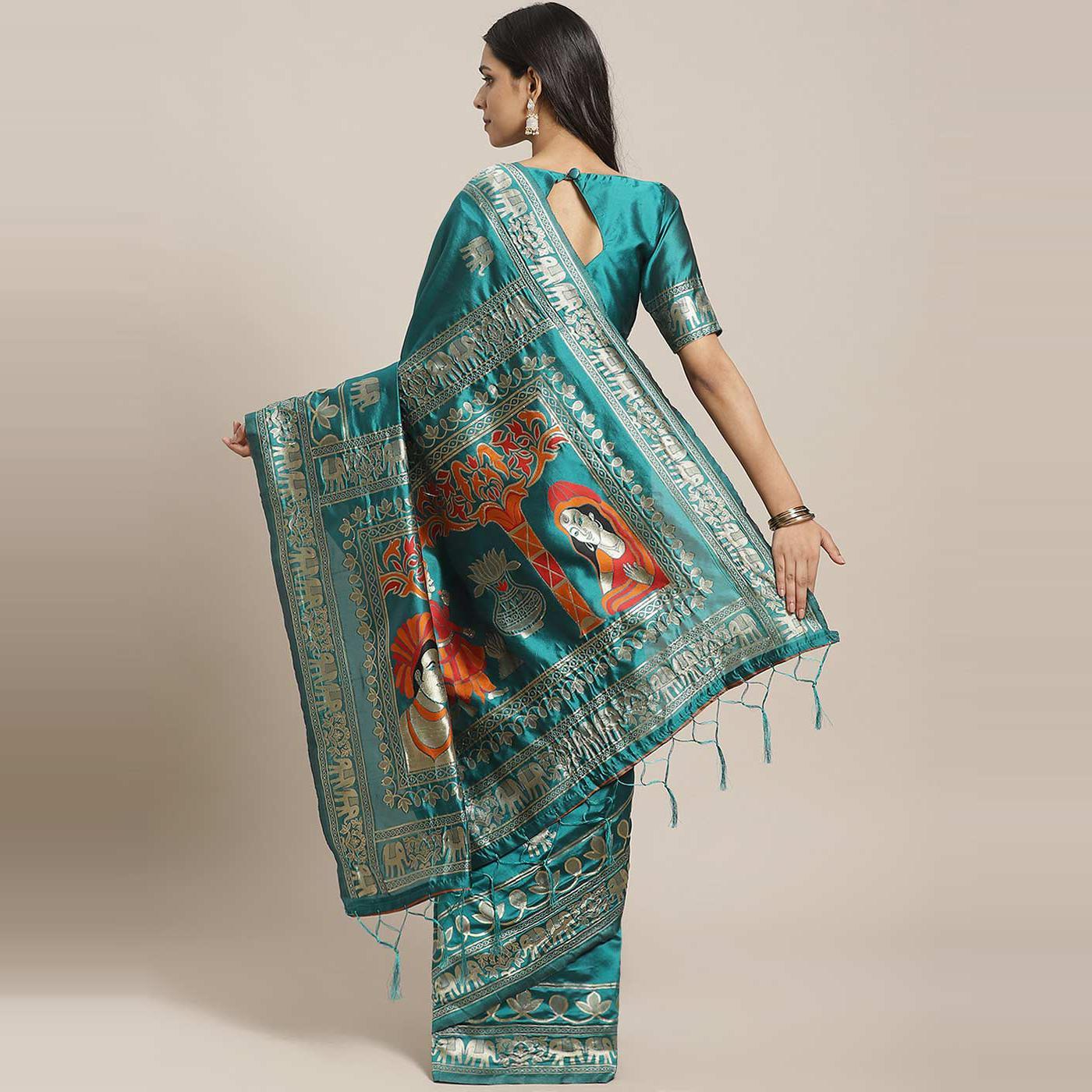 Fantastic Teal Green Colored Festive Wear Woven Silk Blend Saree