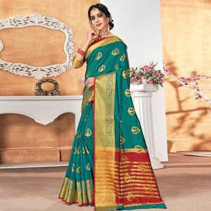 Fantastic Turquoise Blue Colored Festive Wear Woven Silk Saree