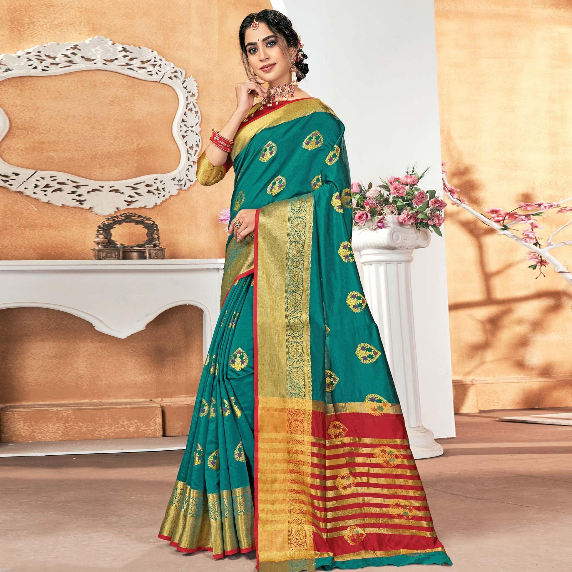 Fantastic Turquoise Blue Colored Festive Wear Woven Silk Saree