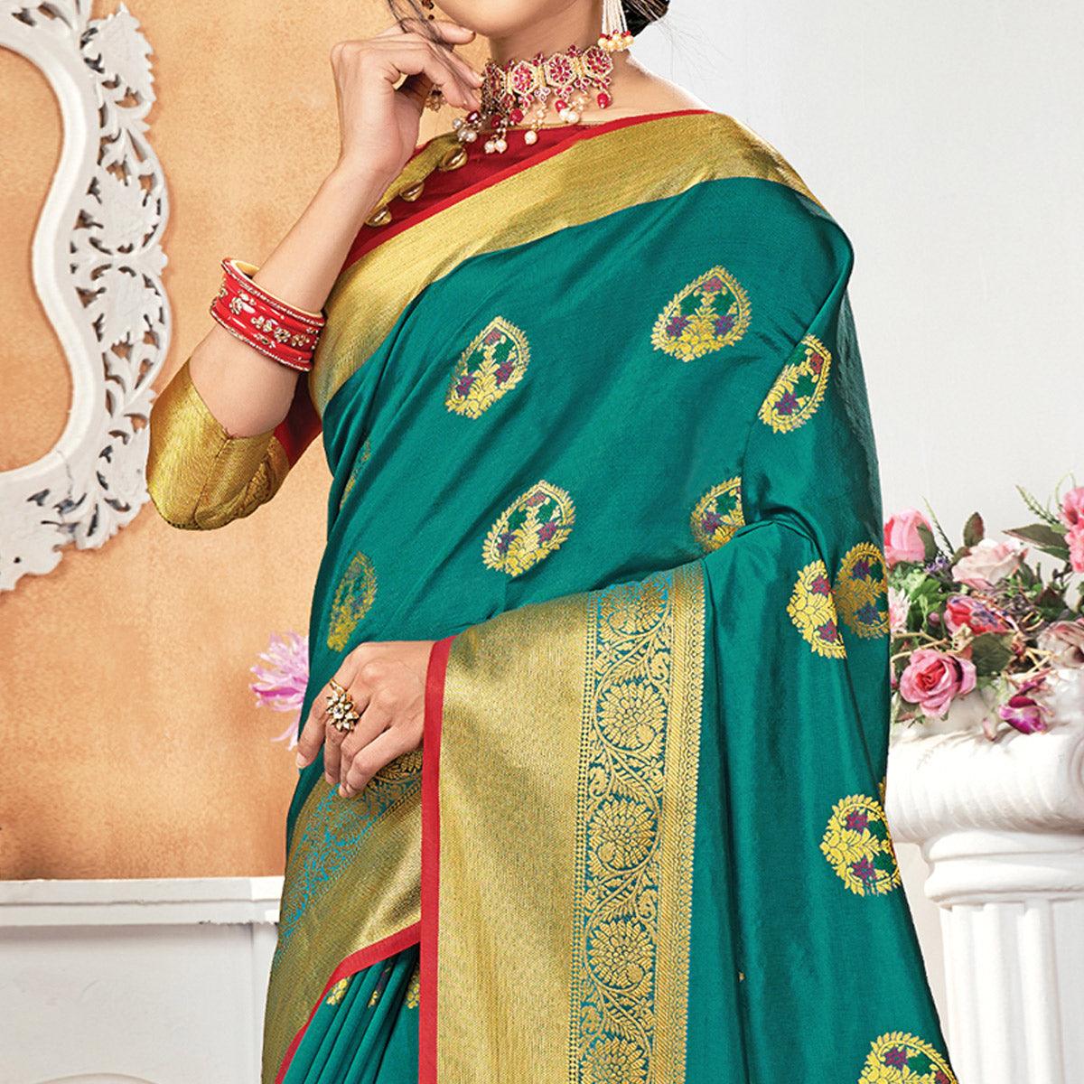Fantastic Turquoise Blue Colored Festive Wear Woven Silk Saree