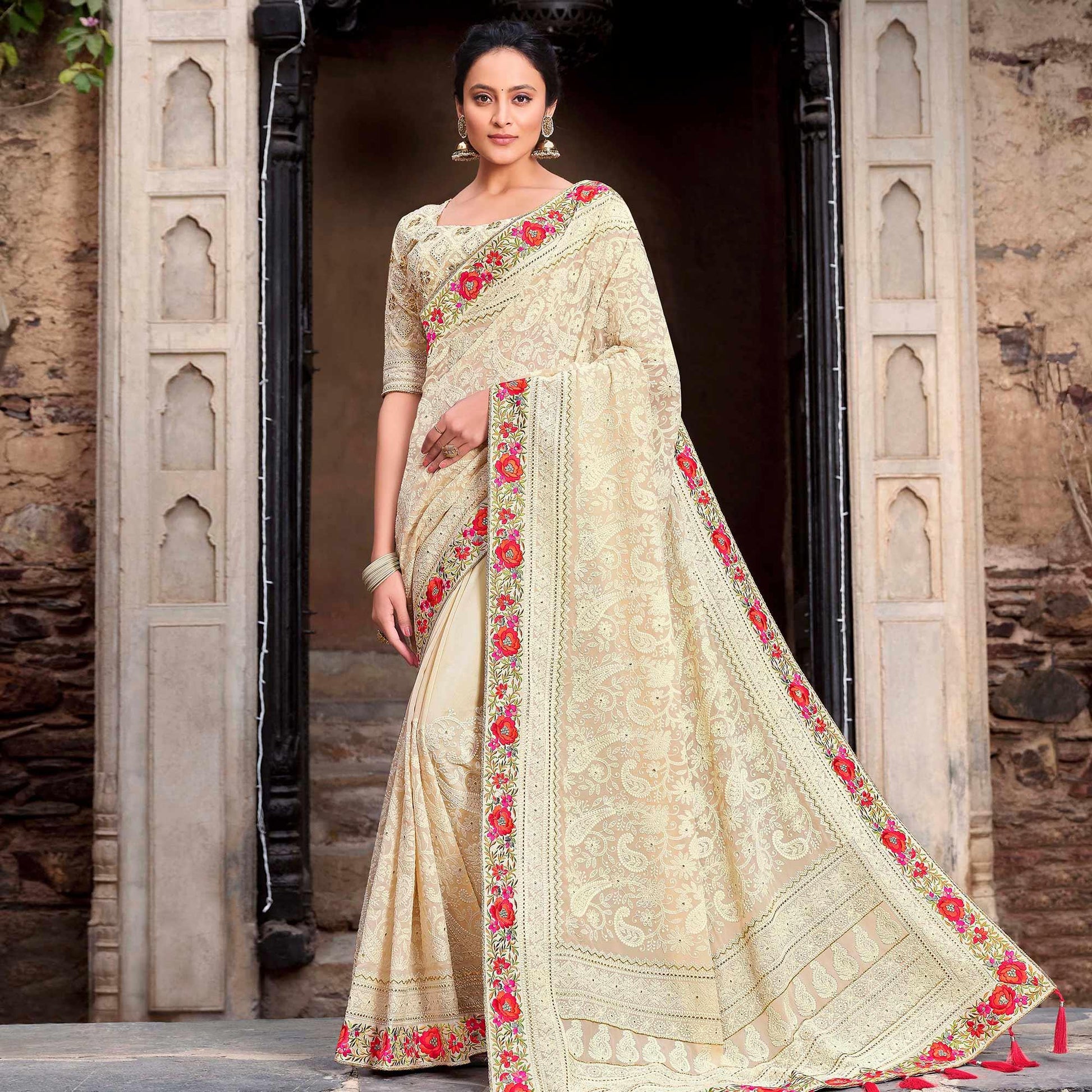 Fantastic White Colored Partywear Embroidered Satin - Gerogette Saree