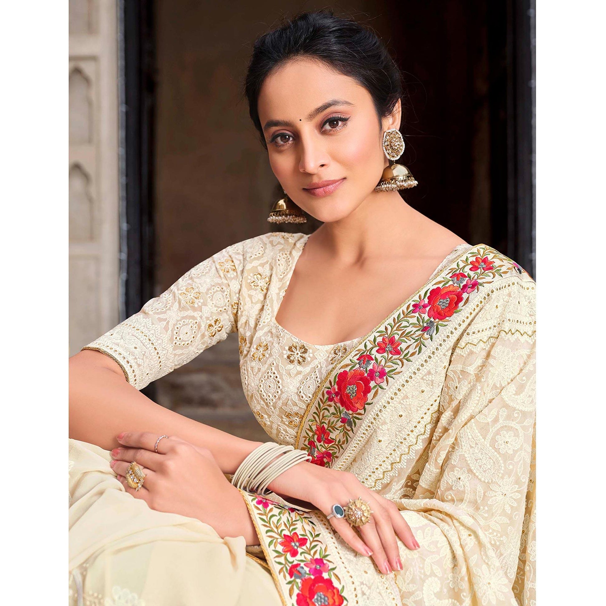 Fantastic White Colored Partywear Embroidered Satin - Gerogette Saree
