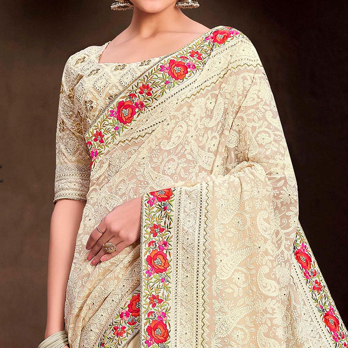 Fantastic White Colored Partywear Embroidered Satin - Gerogette Saree