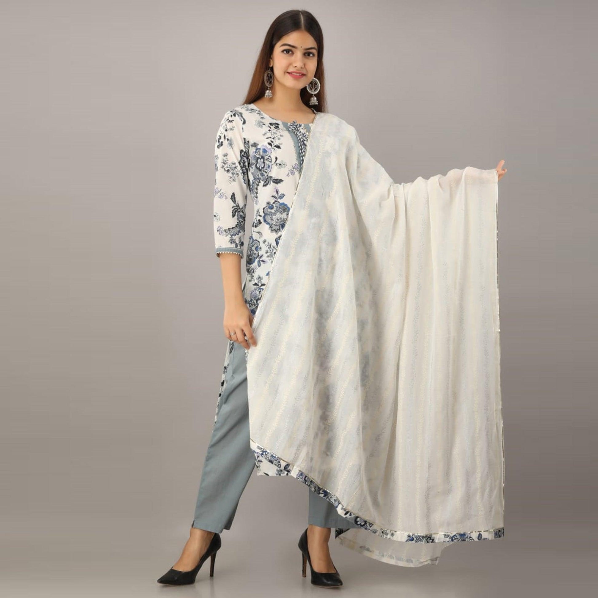 Fantastic White Colored Partywear Printed Cotton Kurti - Palazzo Set With Dupatta