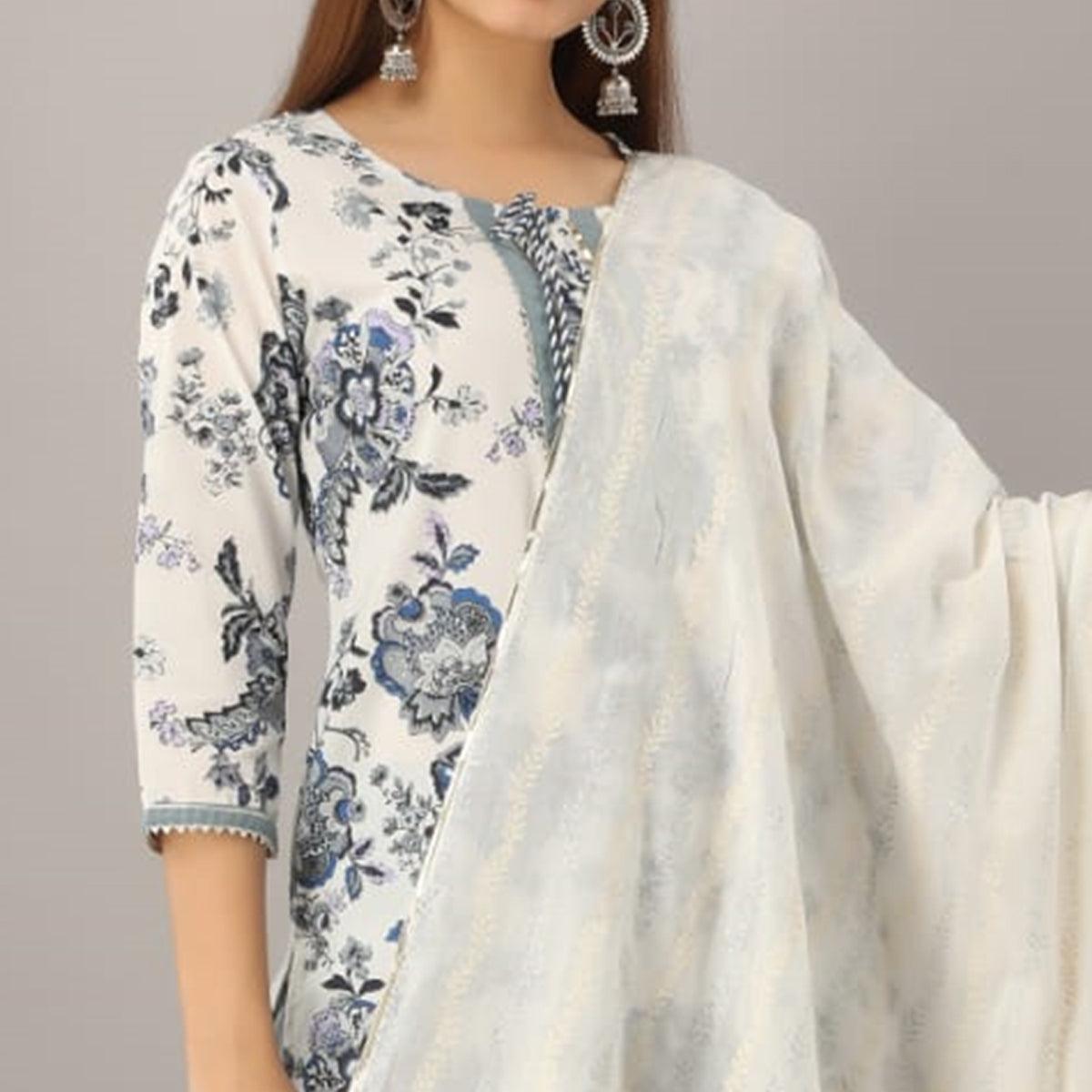 Fantastic White Colored Partywear Printed Cotton Kurti - Palazzo Set With Dupatta