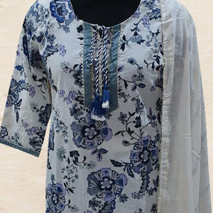 Fantastic White Colored Partywear Printed Cotton Kurti - Palazzo Set With Dupatta