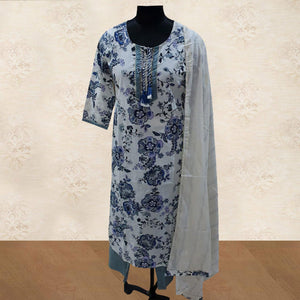 Fantastic White Colored Partywear Printed Cotton Kurti - Palazzo Set With Dupatta