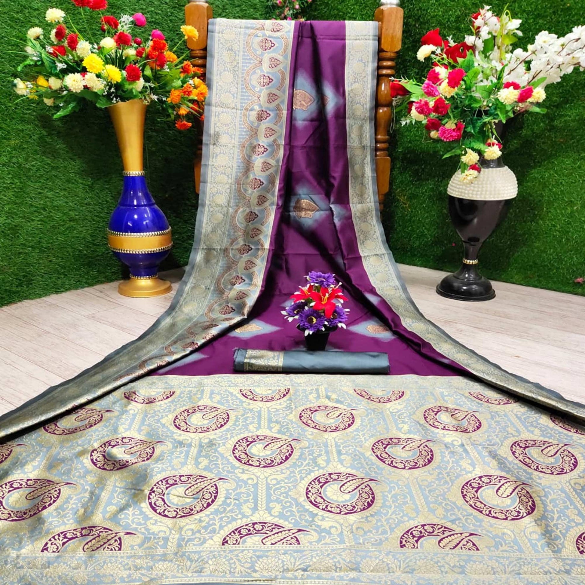 Fantastic Wine Colored Festive Wear Woven Silk Saree