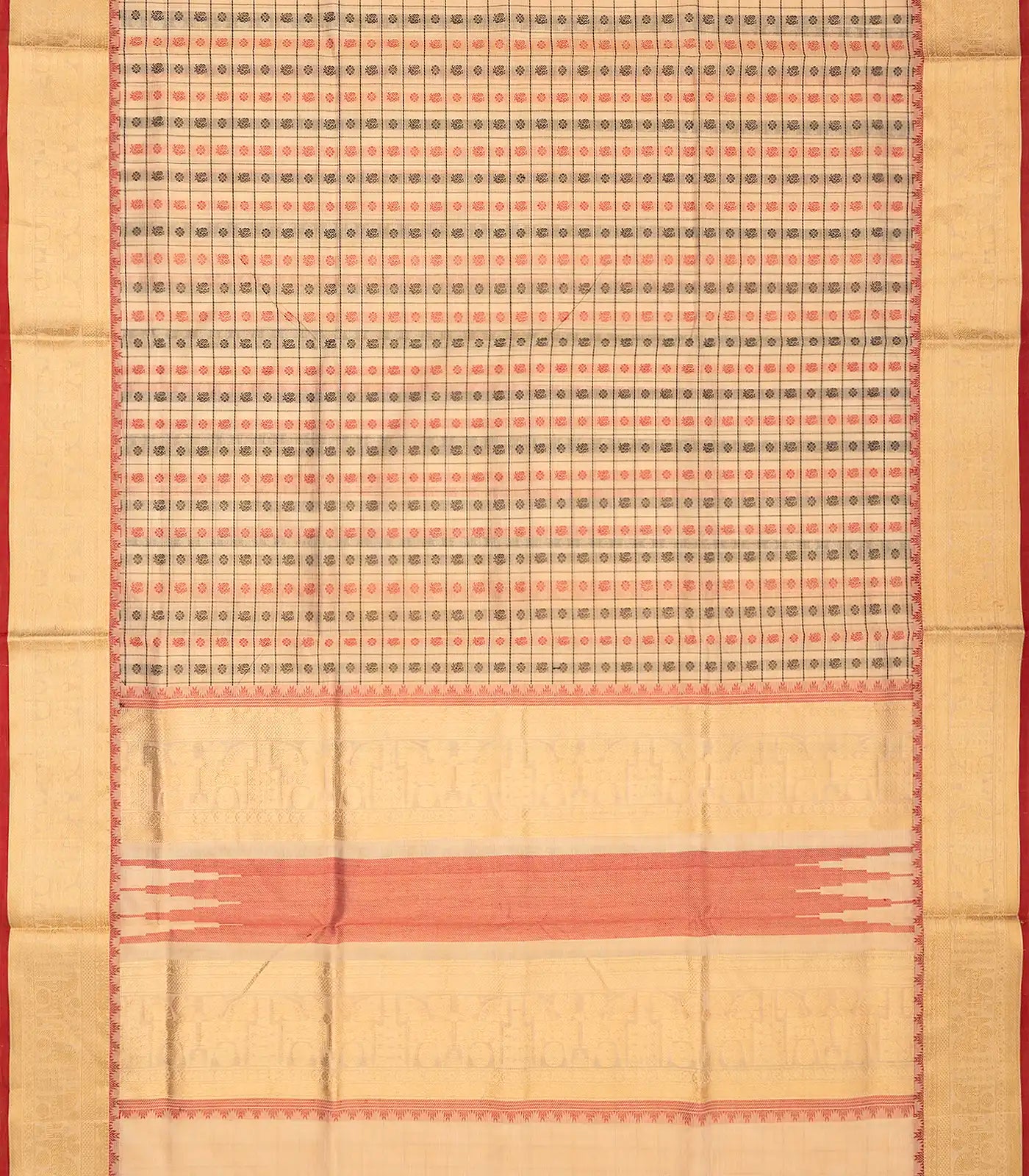Cream Handloom Silk Cotton Saree With Checks & Annam Motifs