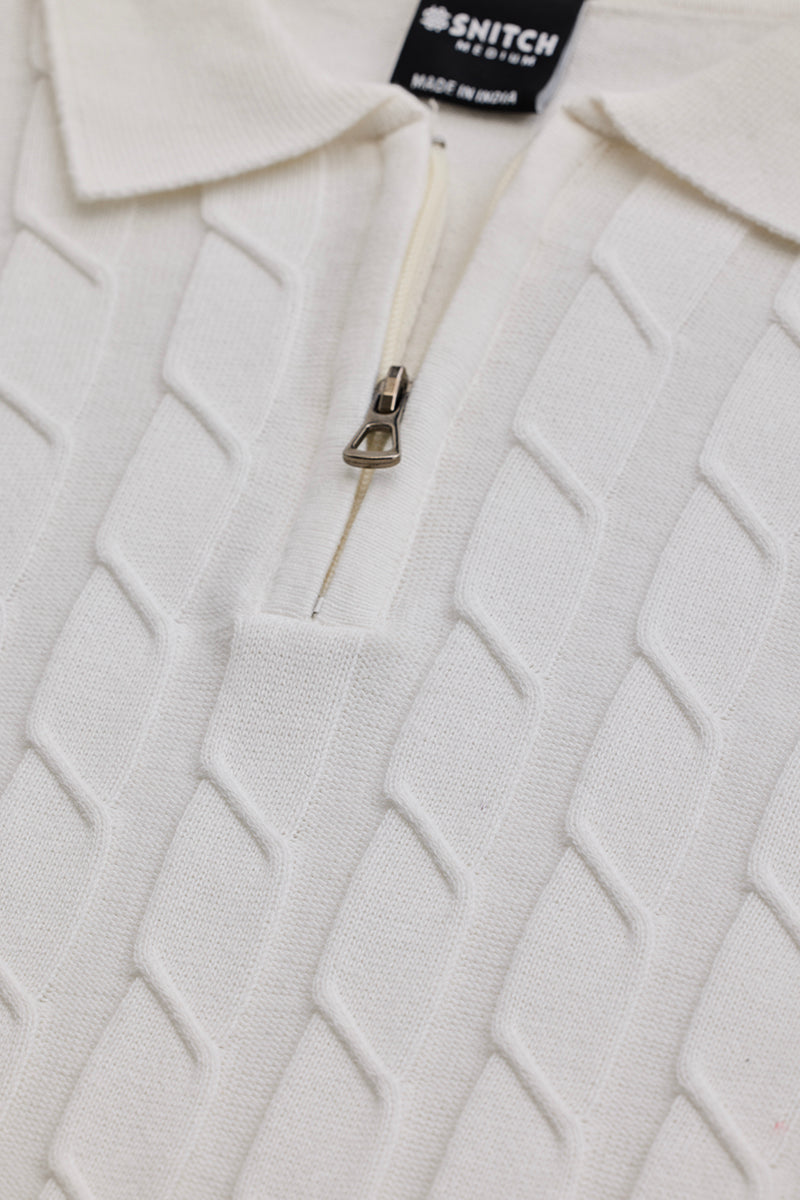White Zipper Knitted Polo T-Shirt