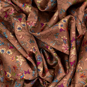 Brown Woven Chiniya Silk Saree Digital Printed With Floral Motifs