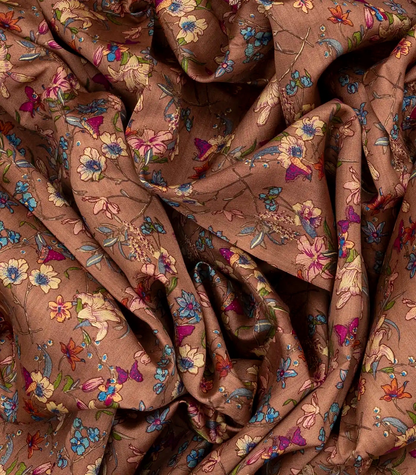 Brown Woven Chiniya Silk Saree Digital Printed With Floral Motifs