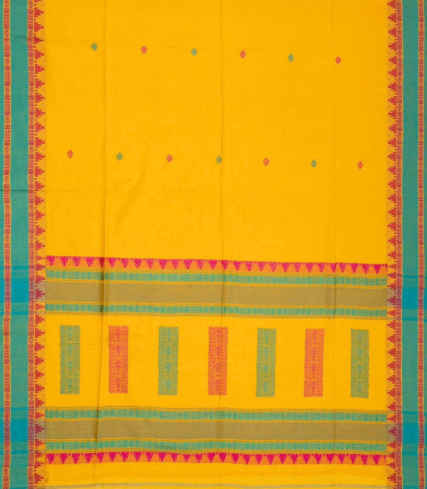 Yellow Handloom Bengal Cotton Saree With Diamond Buttas