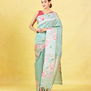 Aquamarine Handloom Tussar Silk Saree With Printed Border