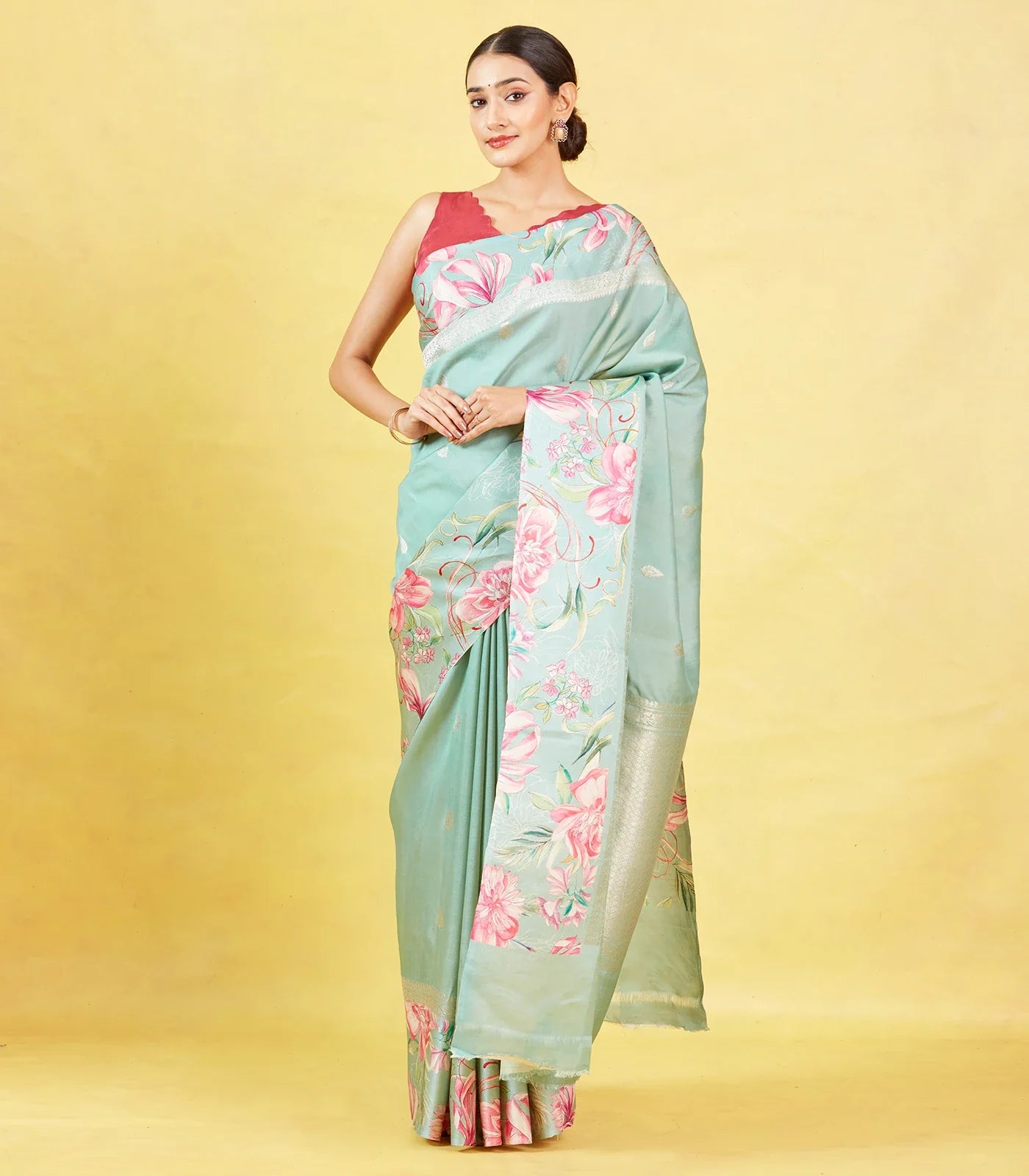 Aquamarine Handloom Tussar Silk Saree With Printed Border