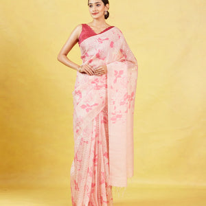 Baby Pink Handloom Tussar Silk Saree With Printed Floral Motifs